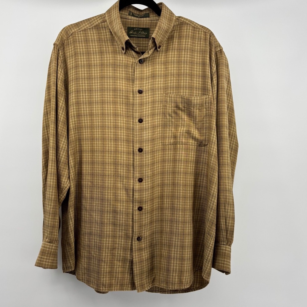 Orvis Signature Collection Mens Med Silk Wool Plaid Button Down Shirt Tan Brown